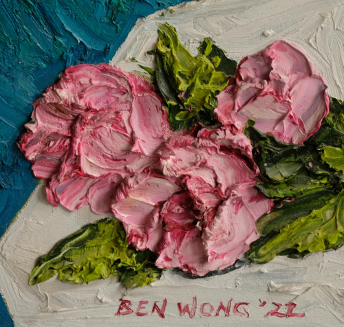 Pink Roses In An Old Green Vase by Ben Wong