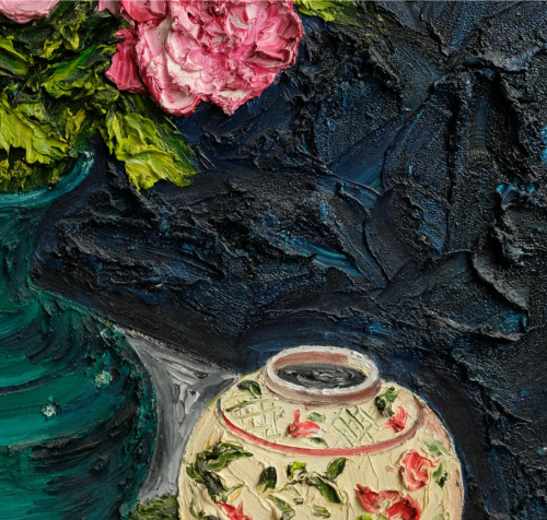 Pink Roses In An Old Green Vase by Ben Wong