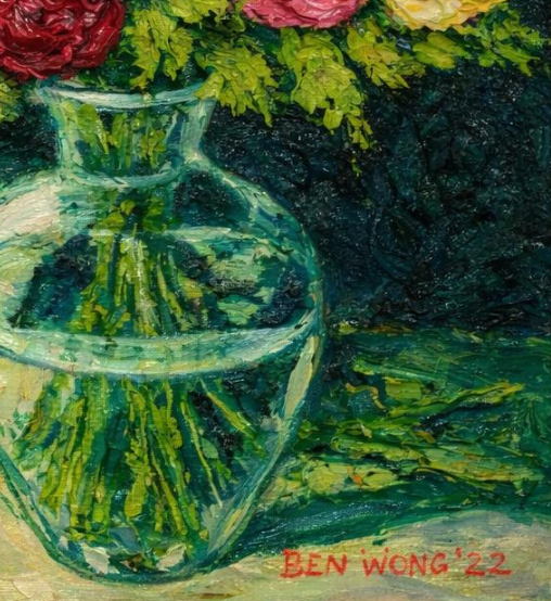 Red, Pink and Yellow Roses in Clear Vase by Ben Wong