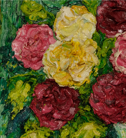 Red, Pink and Yellow Roses in Clear Vase by Ben Wong